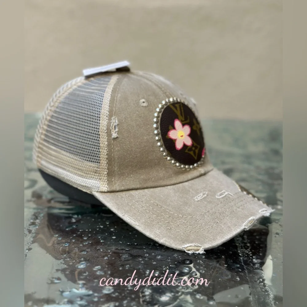 Unique Handmade Cherry Blossom Distressed Studded LV Tan Ball Cap - Picture 5 of 11
